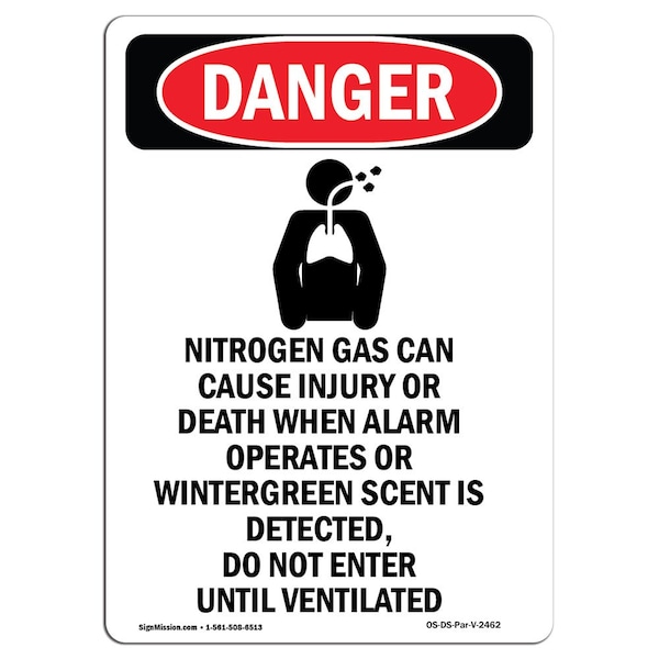 Safety Sign, OSHA Danger, 5" Height, Nitrogen Gas Can Cause, Portrait, 10PK